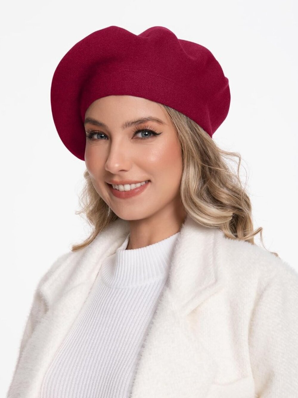 Women's French Style Double Layer Winter Autumn Warm,Soft Beanie Hat Cap DarkRed
